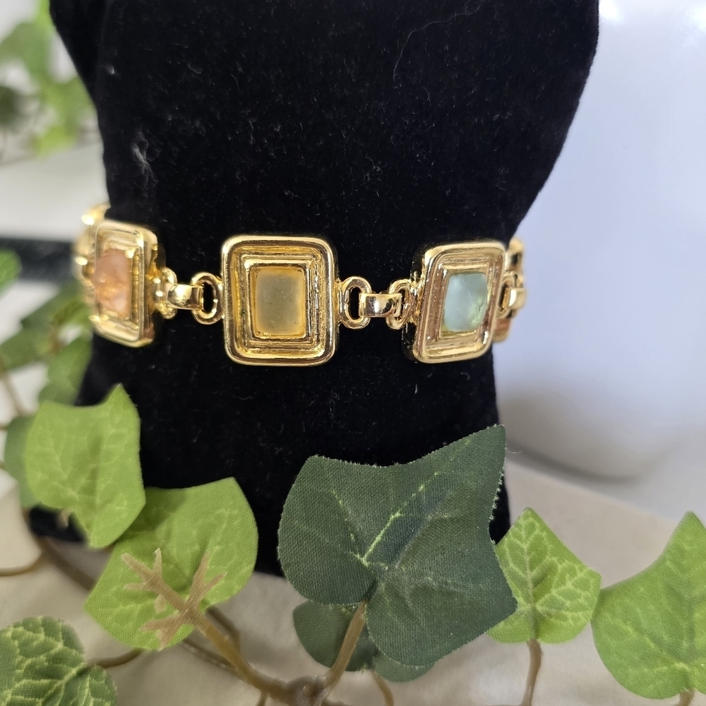 Gold Square Link Bracelet with Frosted Acrylic Glass Stones - Picture 6 of 10